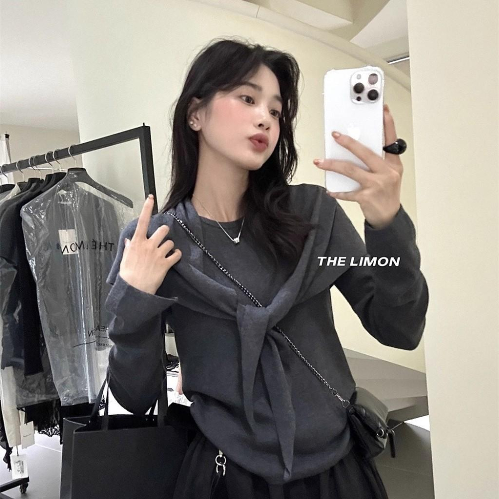 819 THE LIMON檸檬綠茶2025鞦季氣質寬鬆圓領長袖針織衫披肩兩件套女-細節圖5