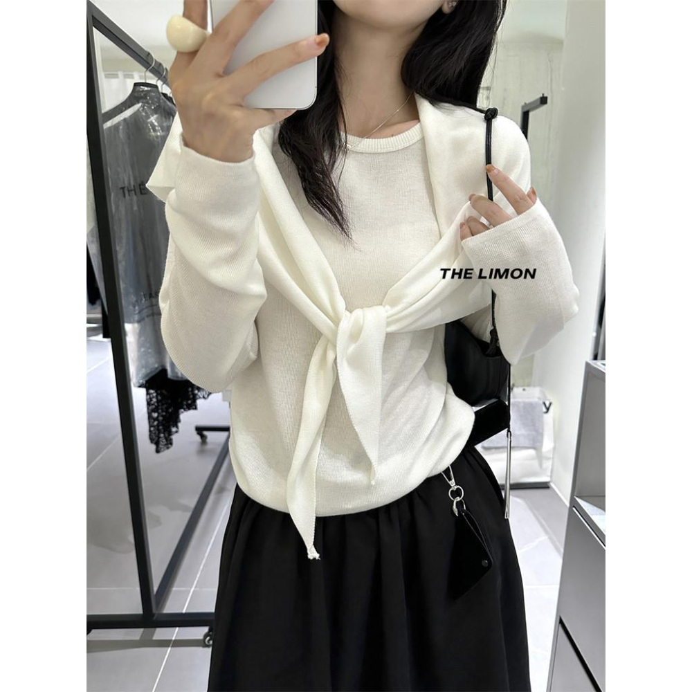 819 THE LIMON檸檬綠茶2025鞦季氣質寬鬆圓領長袖針織衫披肩兩件套女-細節圖6