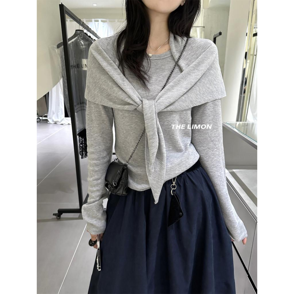 819 THE LIMON檸檬綠茶2025鞦季氣質寬鬆圓領長袖針織衫披肩兩件套女-細節圖7