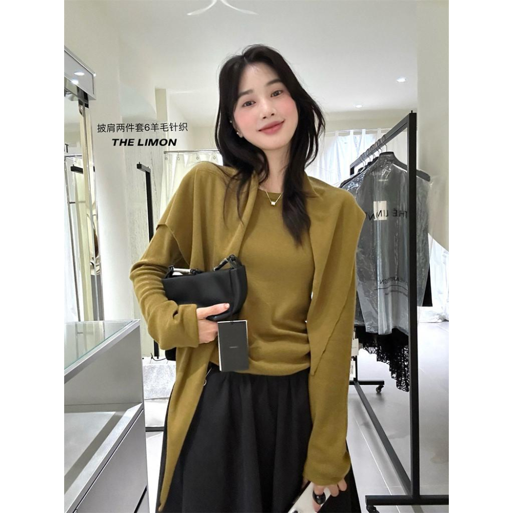 819 THE LIMON檸檬綠茶2025鞦季氣質寬鬆圓領長袖針織衫披肩兩件套女-細節圖8