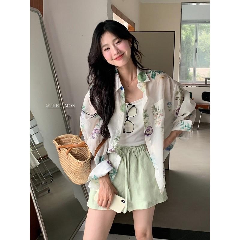 819 THE LIMON檸檬綠茶韓係印花設計感慵懶風休閒POLO領百搭長袖襯衣-細節圖2