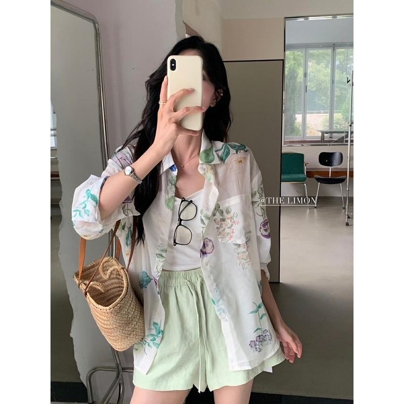 819 THE LIMON檸檬綠茶韓係印花設計感慵懶風休閒POLO領百搭長袖襯衣-細節圖3