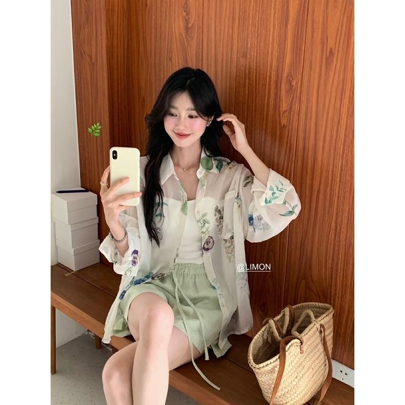 819 THE LIMON檸檬綠茶韓係印花設計感慵懶風休閒POLO領百搭長袖襯衣-細節圖4