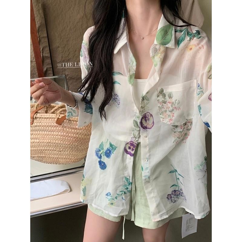 819 THE LIMON檸檬綠茶韓係印花設計感慵懶風休閒POLO領百搭長袖襯衣-細節圖5