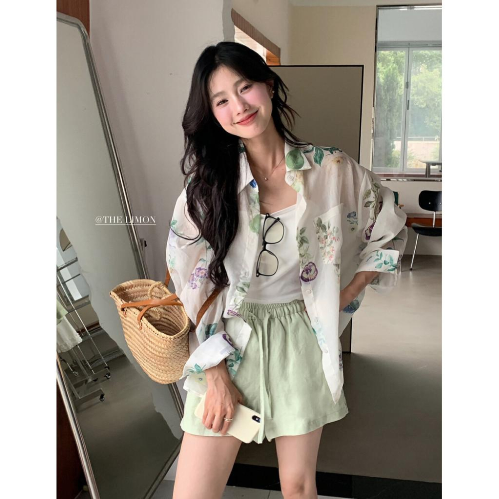 819 THE LIMON檸檬綠茶韓係印花設計感慵懶風休閒POLO領百搭長袖襯衣-細節圖9