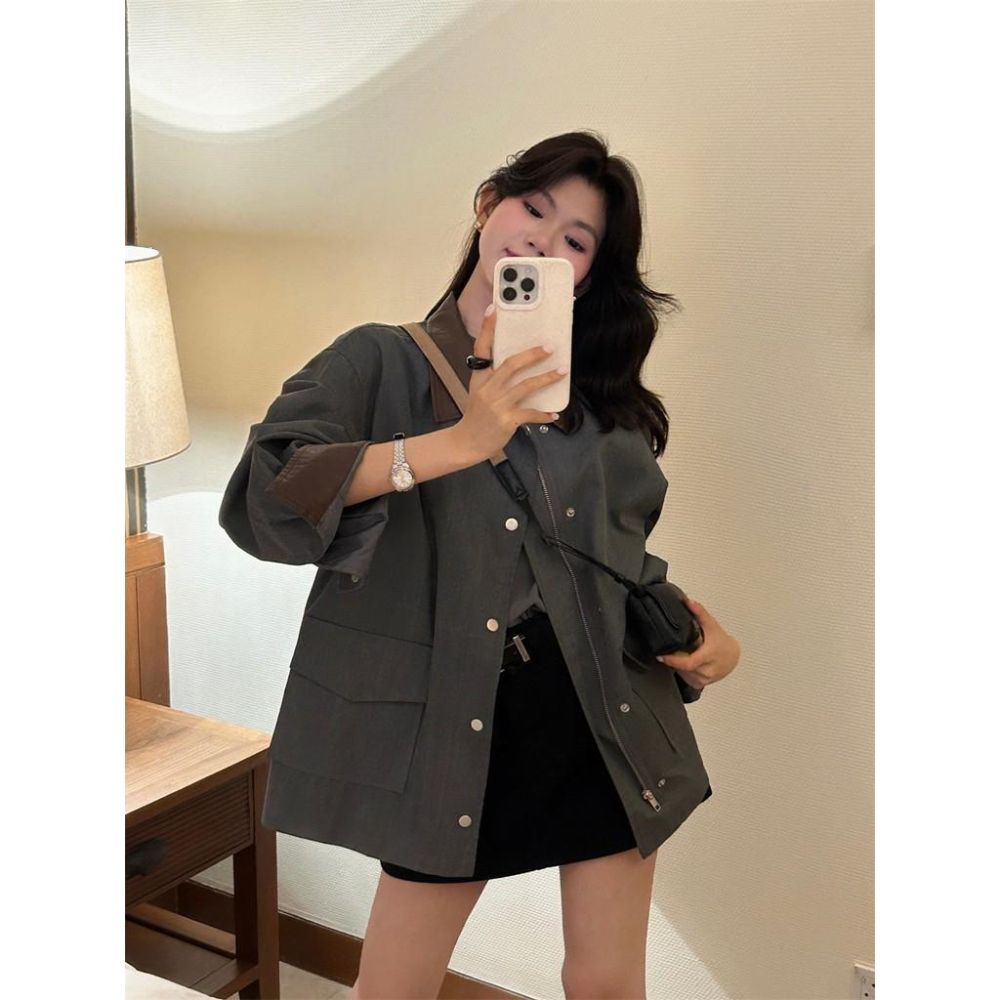 819 THE LIMON早春新款韓版慵懶巴恩風設計感撞色大口袋複古外套工裝-細節圖4