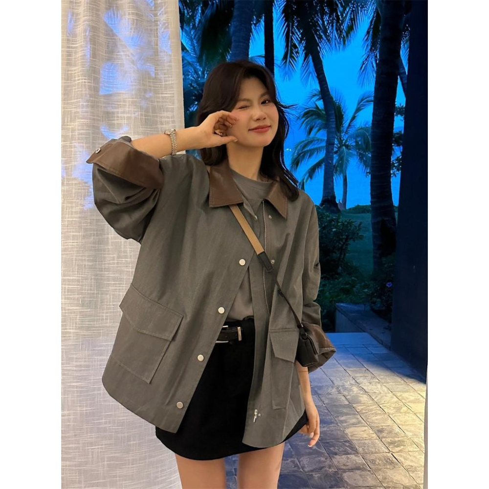 819 THE LIMON早春新款韓版慵懶巴恩風設計感撞色大口袋複古外套工裝-細節圖5