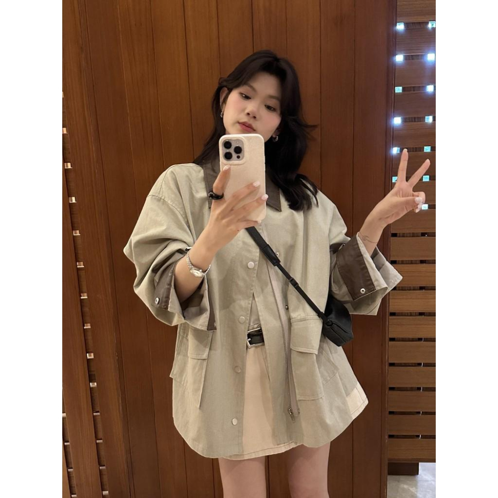 819 THE LIMON早春新款韓版慵懶巴恩風設計感撞色大口袋複古外套工裝-細節圖8