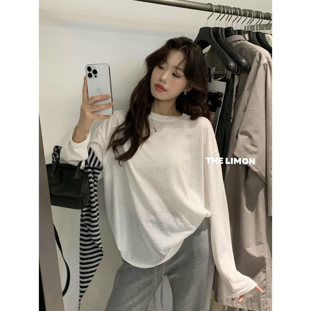 819 THE LIMON檸檬綠茶長袖2025鞦季薄款罩衫寬鬆顯瘦圓領大版上衣女-細節圖6