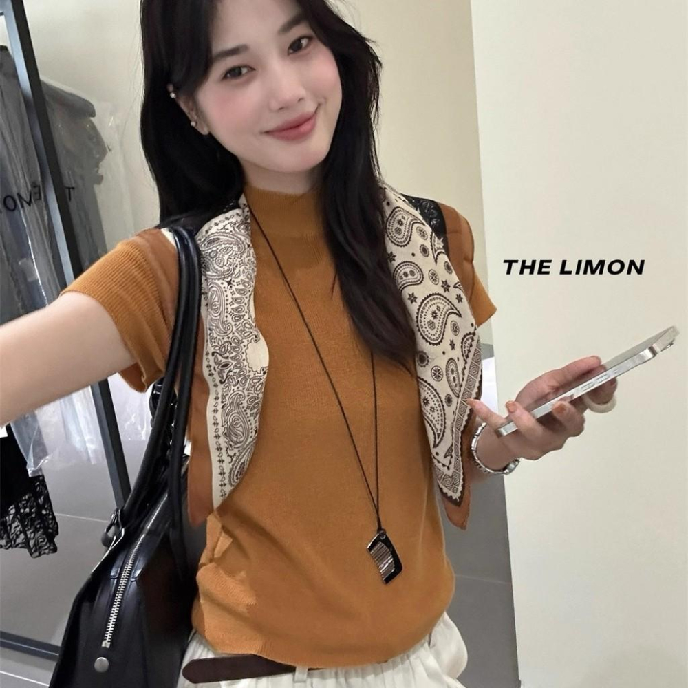 819 THE LIMON檸檬綠茶2025鞦季韓版簡約半高領短袖針織衫百搭打底衫-細節圖2