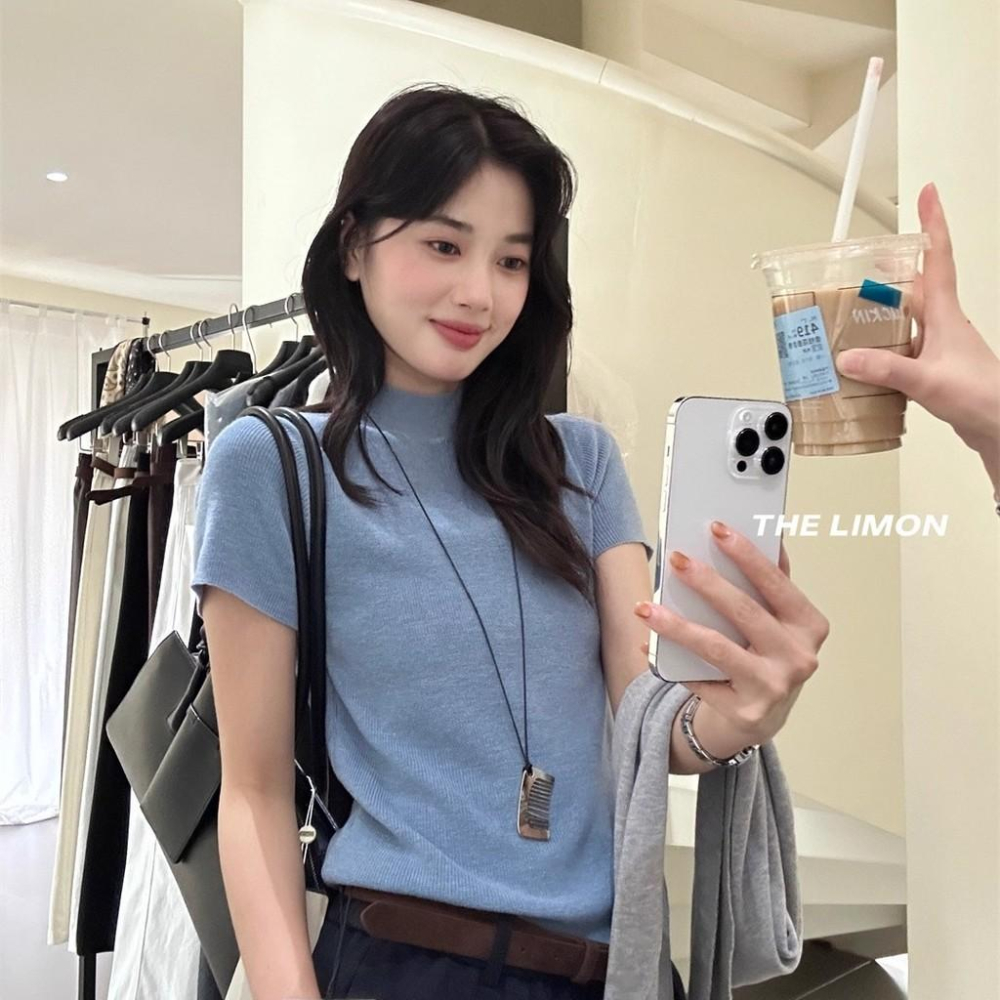 819 THE LIMON檸檬綠茶2025鞦季韓版簡約半高領短袖針織衫百搭打底衫-細節圖3