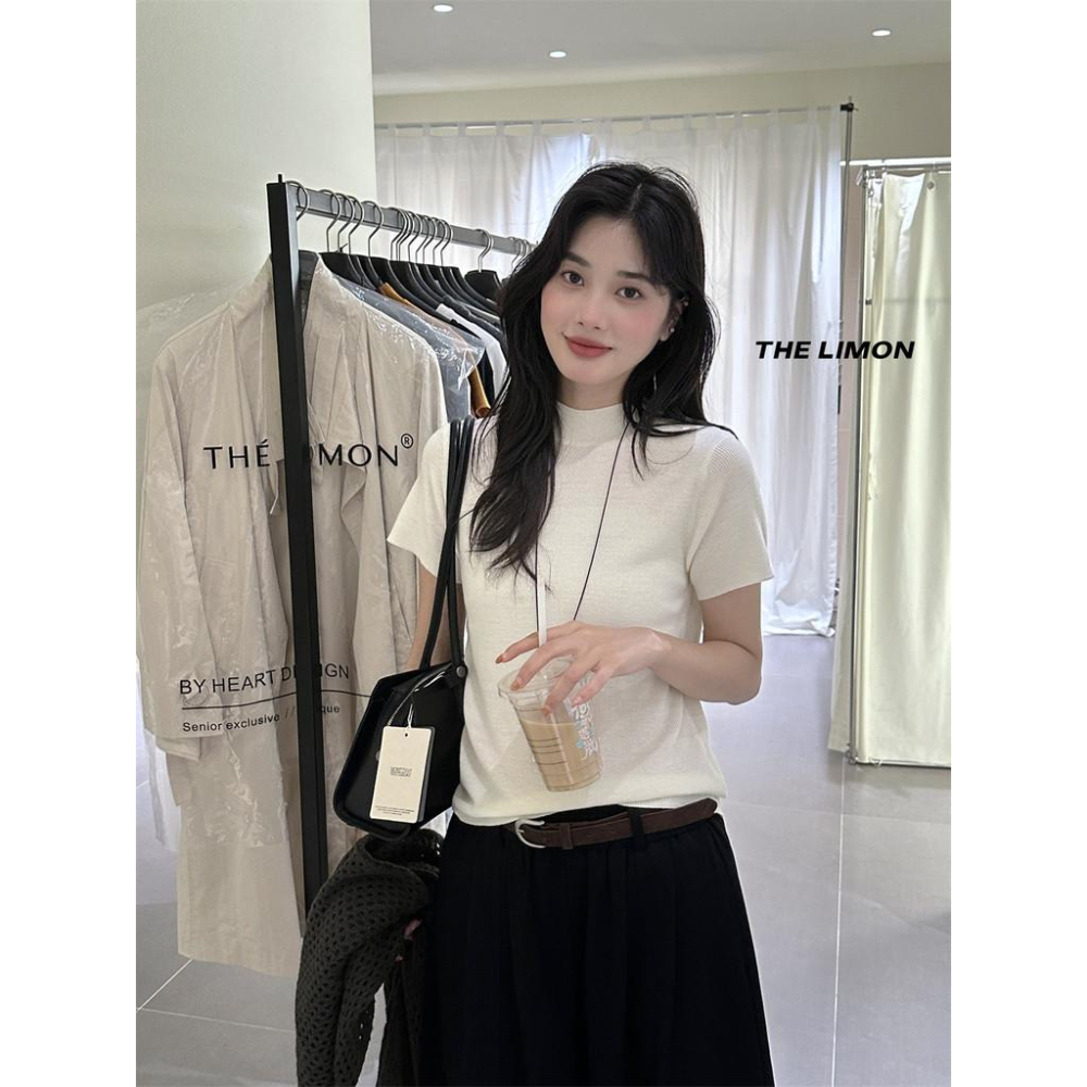 819 THE LIMON檸檬綠茶2025鞦季韓版簡約半高領短袖針織衫百搭打底衫-細節圖7