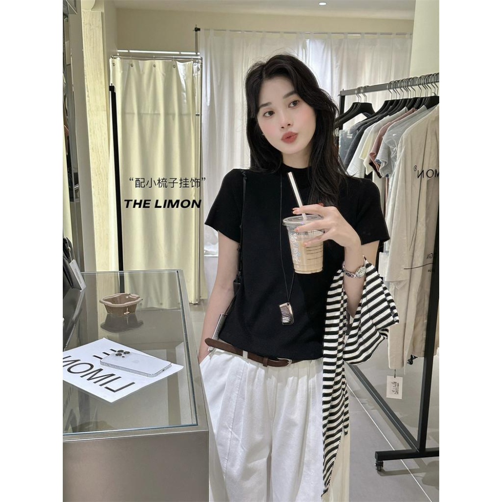 819 THE LIMON檸檬綠茶2025鞦季韓版簡約半高領短袖針織衫百搭打底衫-細節圖8