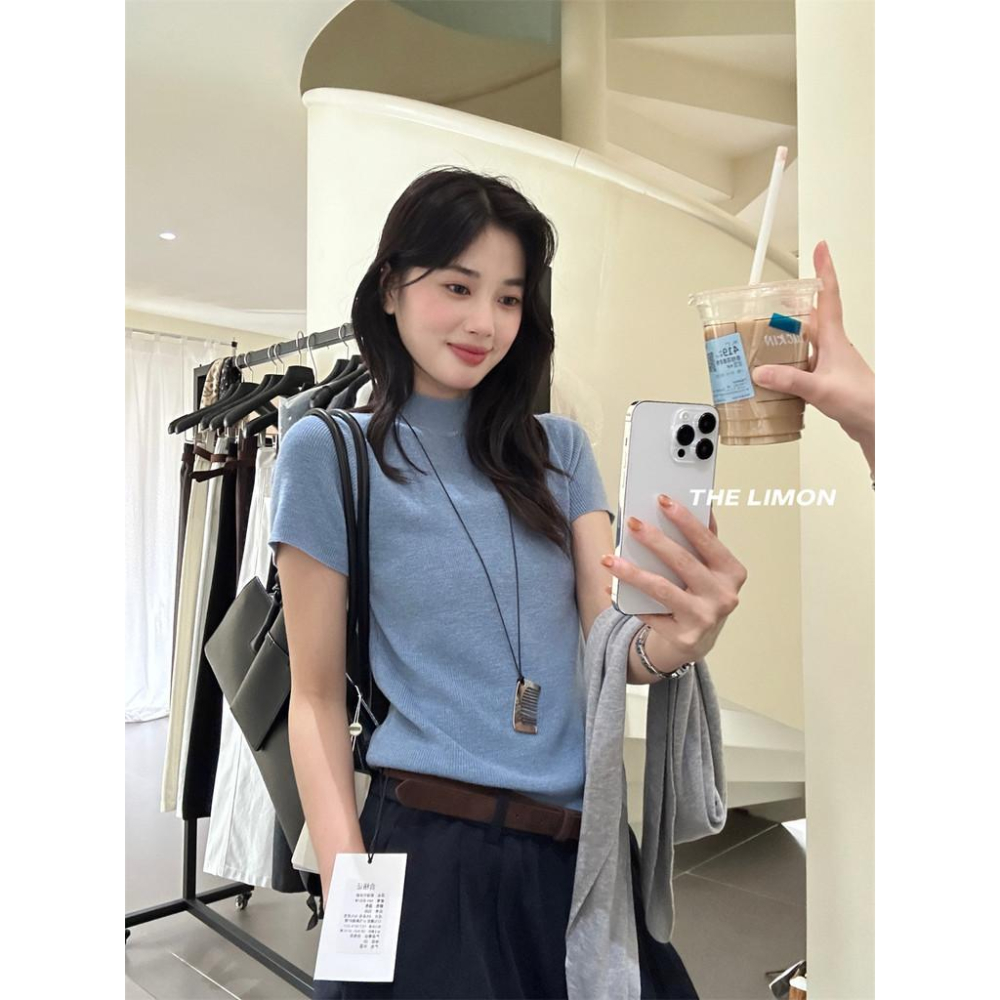 819 THE LIMON檸檬綠茶2025鞦季韓版簡約半高領短袖針織衫百搭打底衫-細節圖9