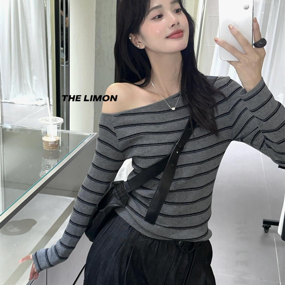 819 THE LIMON檸檬綠茶韓版2025鞦季斜領漏鎖骨不規則顯瘦針織衫T恤女-細節圖2