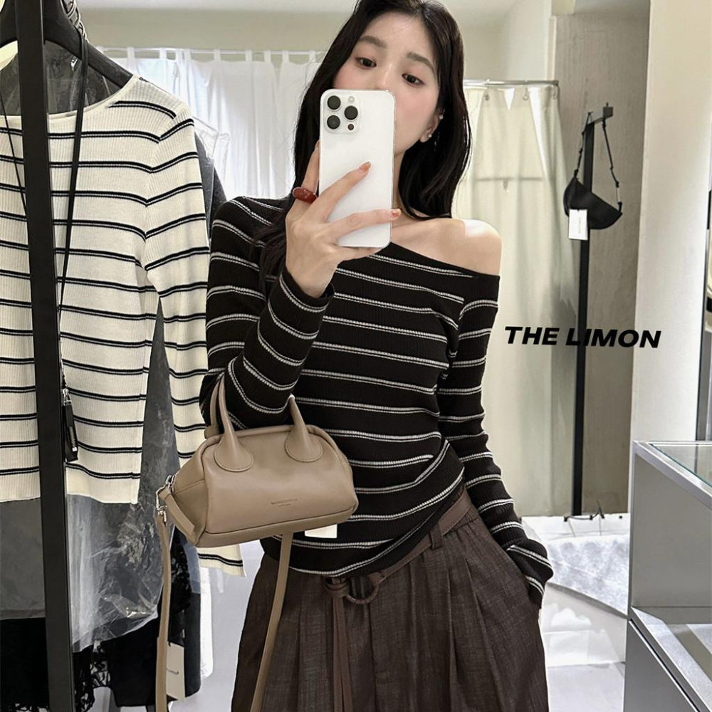 819 THE LIMON檸檬綠茶韓版2025鞦季斜領漏鎖骨不規則顯瘦針織衫T恤女-細節圖3