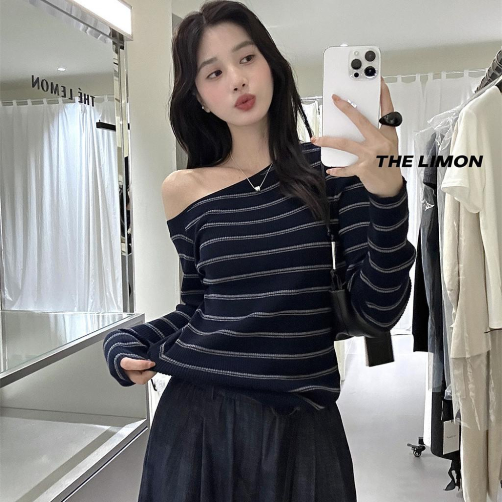 819 THE LIMON檸檬綠茶韓版2025鞦季斜領漏鎖骨不規則顯瘦針織衫T恤女-細節圖4