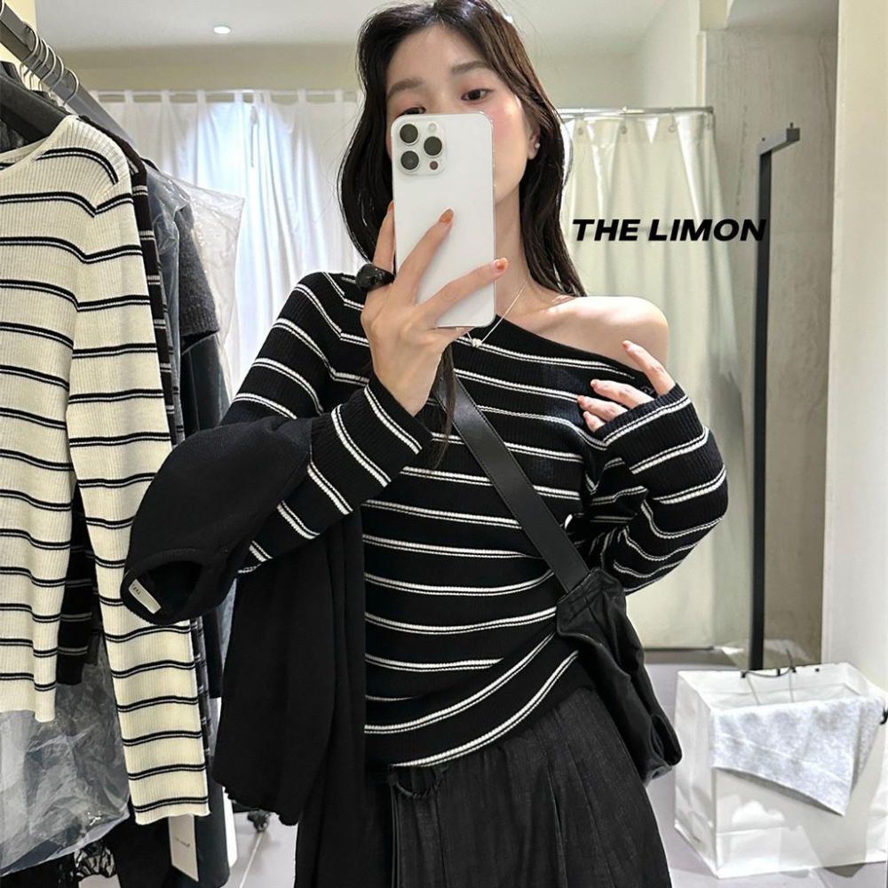 819 THE LIMON檸檬綠茶韓版2025鞦季斜領漏鎖骨不規則顯瘦針織衫T恤女-細節圖5