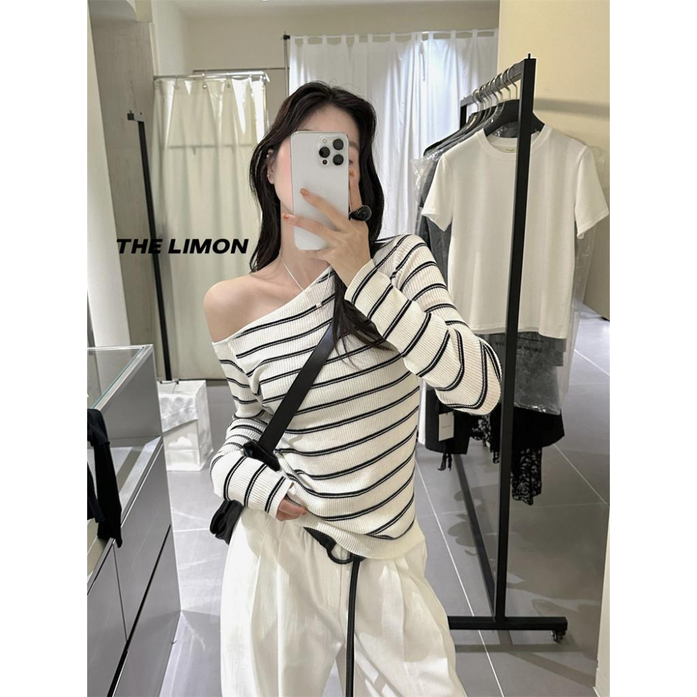 819 THE LIMON檸檬綠茶韓版2025鞦季斜領漏鎖骨不規則顯瘦針織衫T恤女-細節圖6