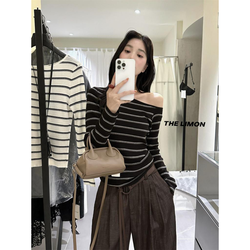 819 THE LIMON檸檬綠茶韓版2025鞦季斜領漏鎖骨不規則顯瘦針織衫T恤女-細節圖8
