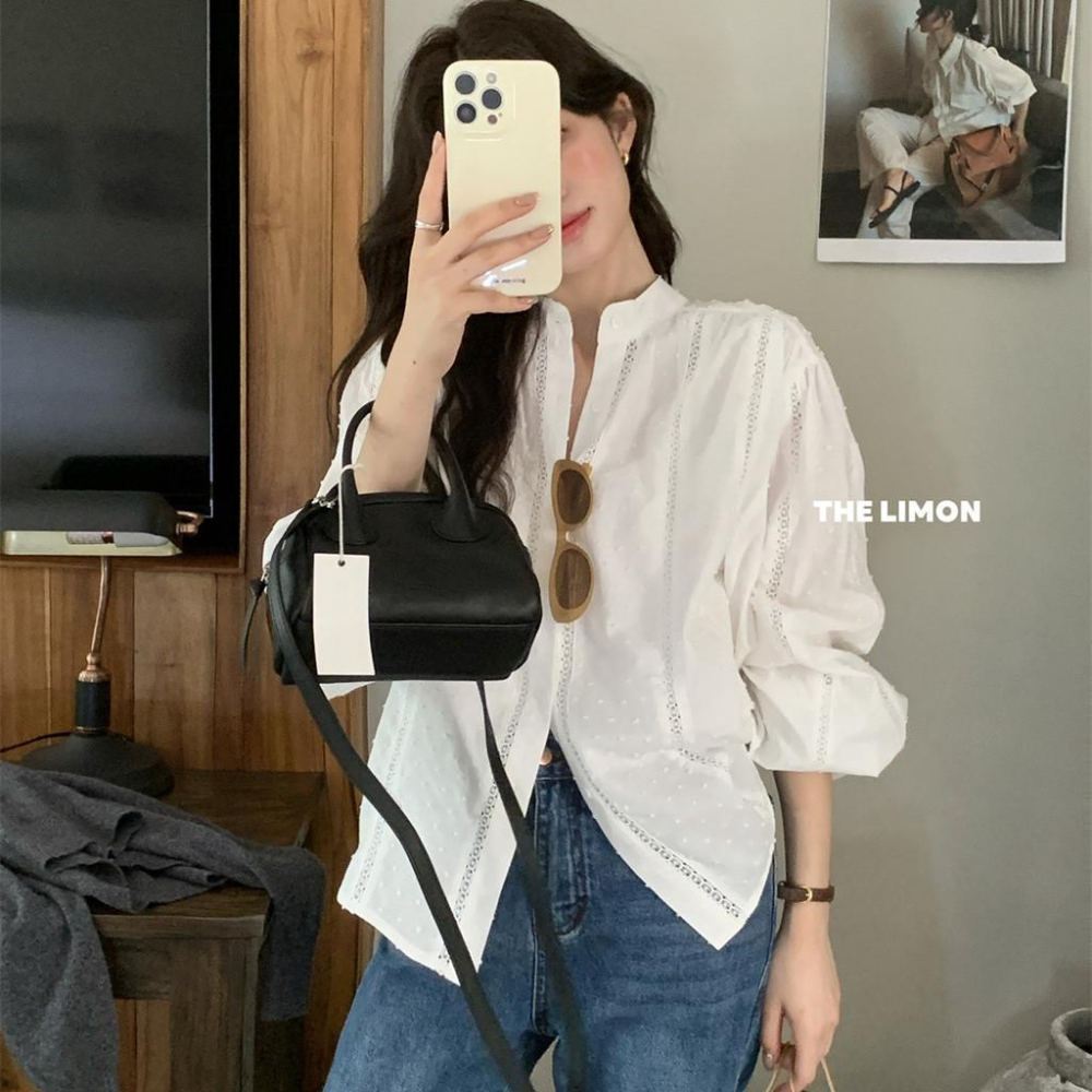 819 THE LIMON檸檬綠茶2025鞦季設計感小衆高級溫柔係法式泡泡袖上衣-細節圖4