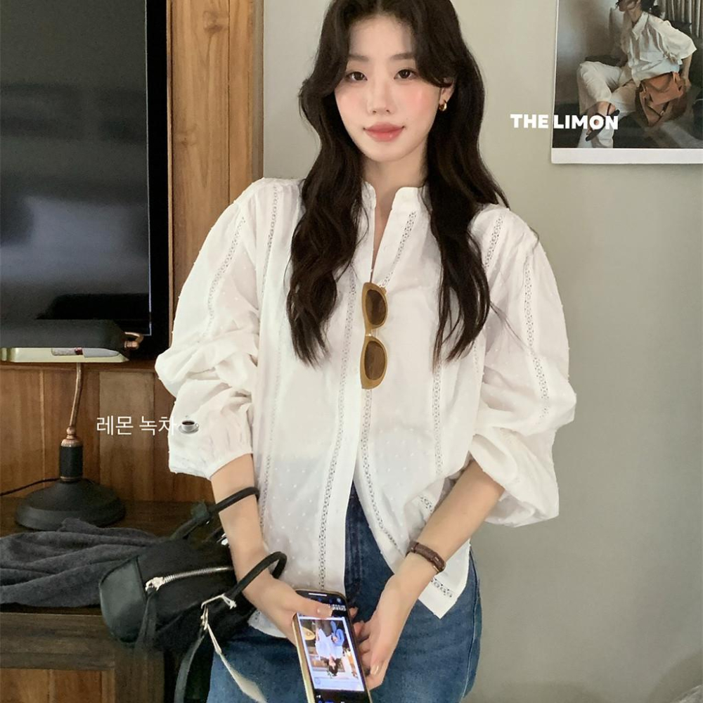 819 THE LIMON檸檬綠茶2025鞦季設計感小衆高級溫柔係法式泡泡袖上衣-細節圖5