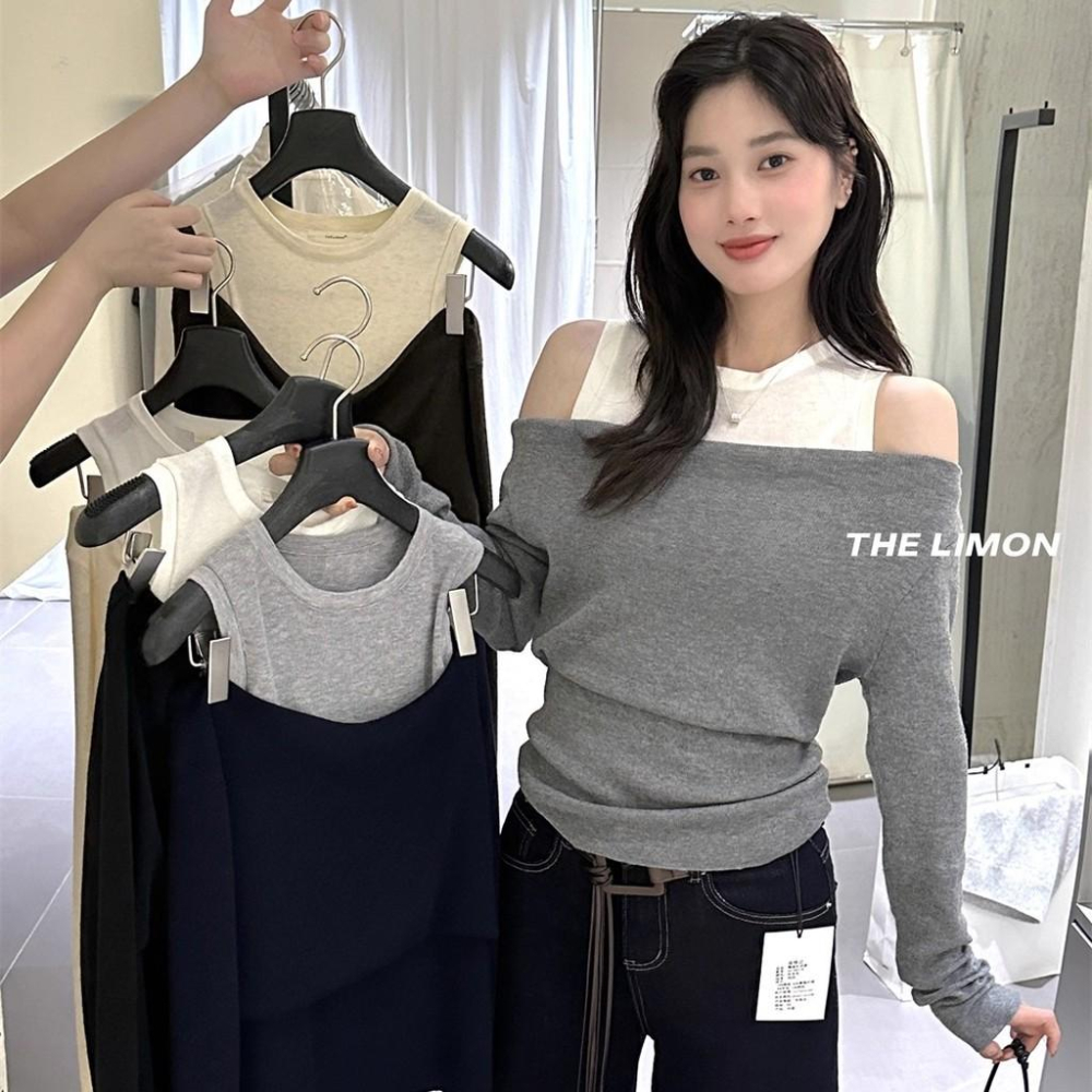 819 THE LIMON檸檬綠茶2025鞦季設計感假兩件坎肩一字肩針織衫上衣女-細節圖2