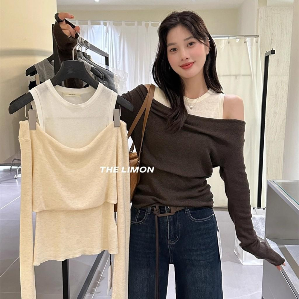 819 THE LIMON檸檬綠茶2025鞦季設計感假兩件坎肩一字肩針織衫上衣女-細節圖3
