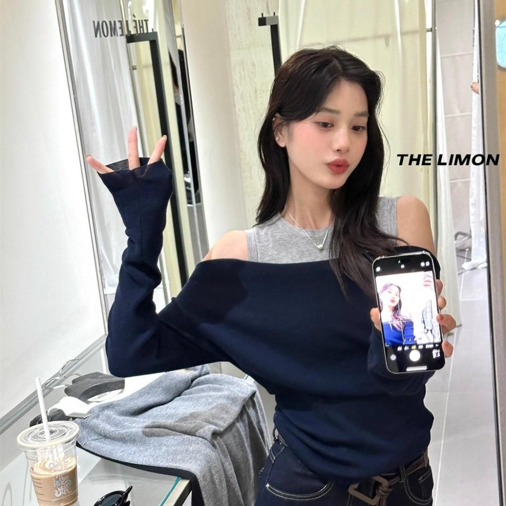 819 THE LIMON檸檬綠茶2025鞦季設計感假兩件坎肩一字肩針織衫上衣女-細節圖4