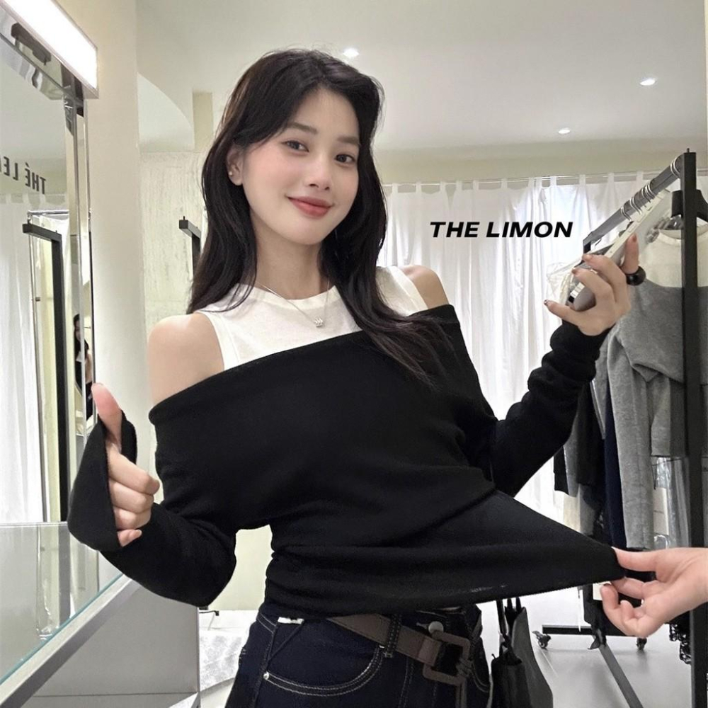819 THE LIMON檸檬綠茶2025鞦季設計感假兩件坎肩一字肩針織衫上衣女-細節圖5