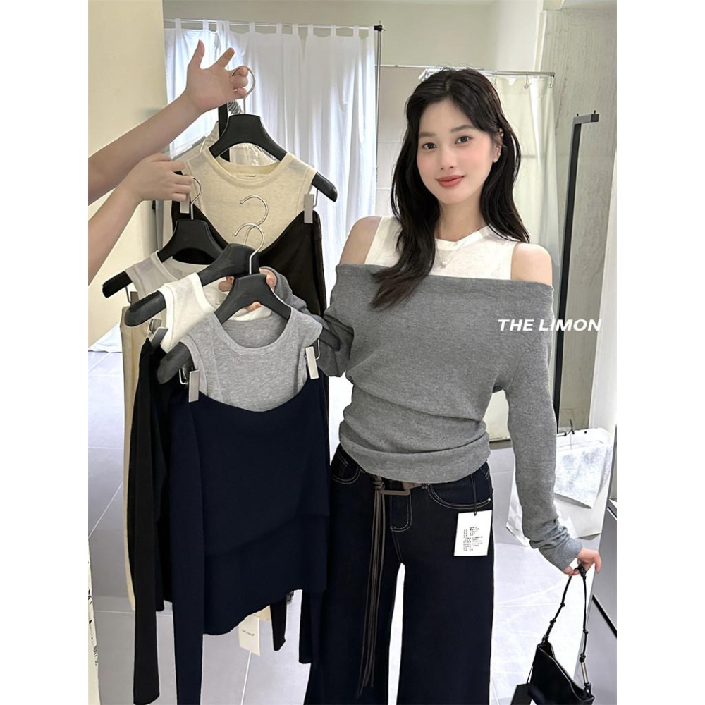 819 THE LIMON檸檬綠茶2025鞦季設計感假兩件坎肩一字肩針織衫上衣女-細節圖7