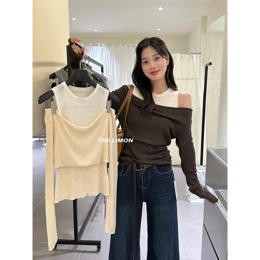 819 THE LIMON檸檬綠茶2025鞦季設計感假兩件坎肩一字肩針織衫上衣女-細節圖8