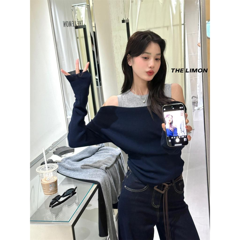 819 THE LIMON檸檬綠茶2025鞦季設計感假兩件坎肩一字肩針織衫上衣女-細節圖9