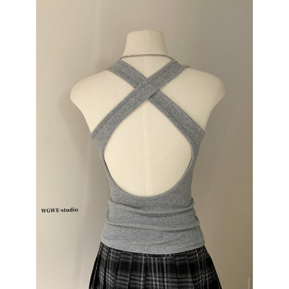 819 WGWE 辣妹交叉露背弔帶背心修身設計感洋氣簡約掛脖背心女W5426-細節圖3