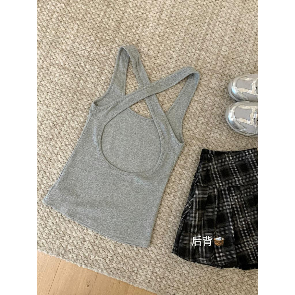 819 WGWE 辣妹交叉露背弔帶背心修身設計感洋氣簡約掛脖背心女W5426-細節圖5