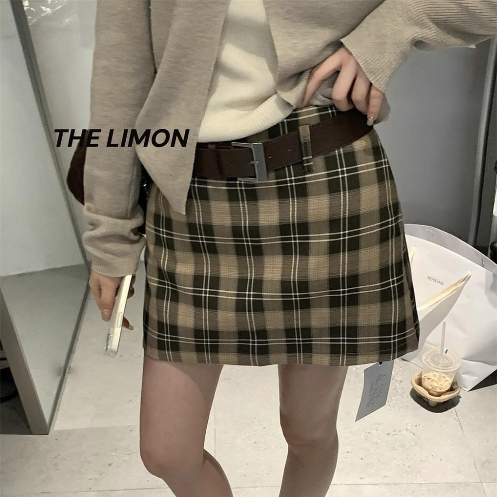 819 THE LIMON檸檬綠茶經典複古辣妹格紋防走光半身裙(配腰帶2025鞦季-細節圖2