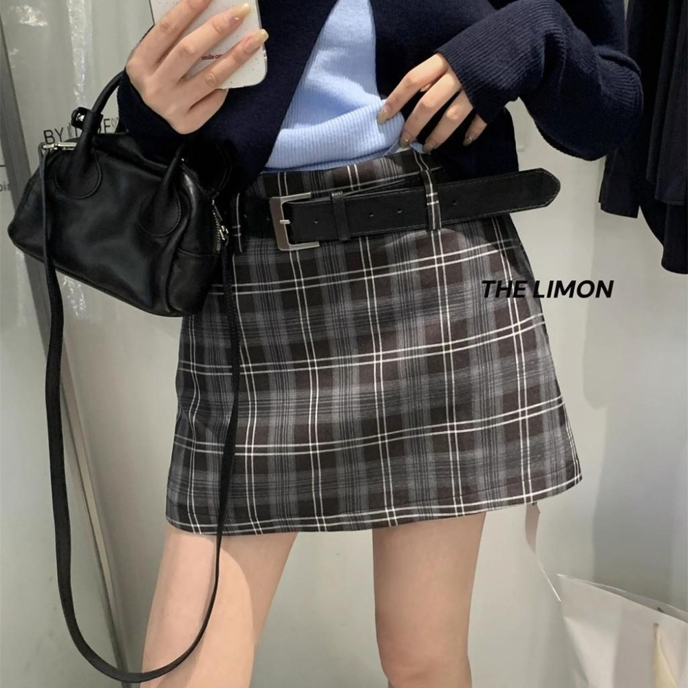 819 THE LIMON檸檬綠茶經典複古辣妹格紋防走光半身裙(配腰帶2025鞦季-細節圖3