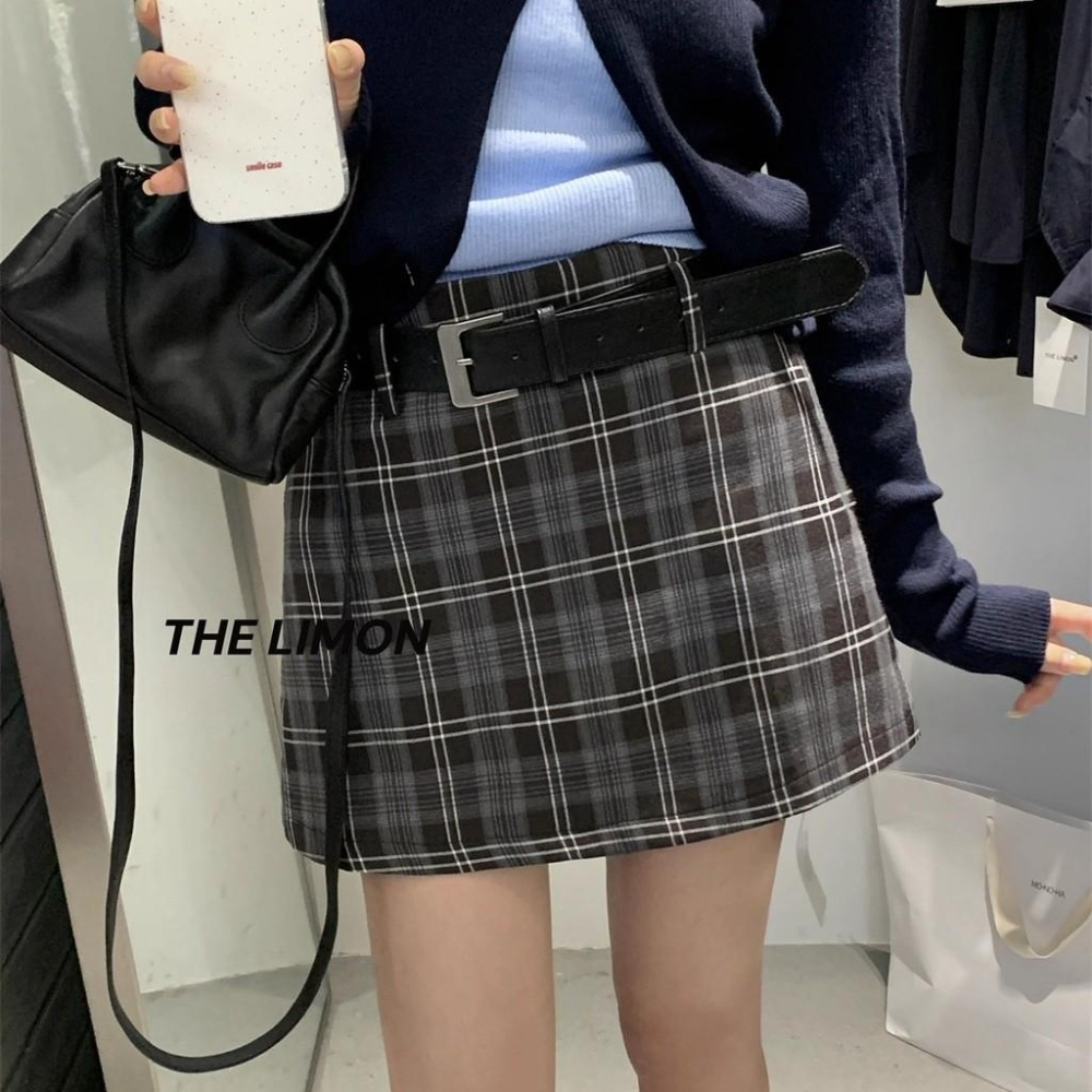 819 THE LIMON檸檬綠茶經典複古辣妹格紋防走光半身裙(配腰帶2025鞦季-細節圖4