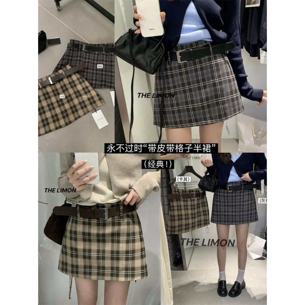 819 THE LIMON檸檬綠茶經典複古辣妹格紋防走光半身裙(配腰帶2025鞦季-細節圖8