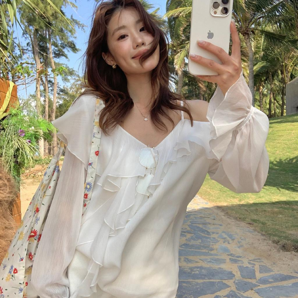 檸檬家 有點小特別～氣質溫柔荷葉邊露肩雪紡上衣小衫10172-細節圖2