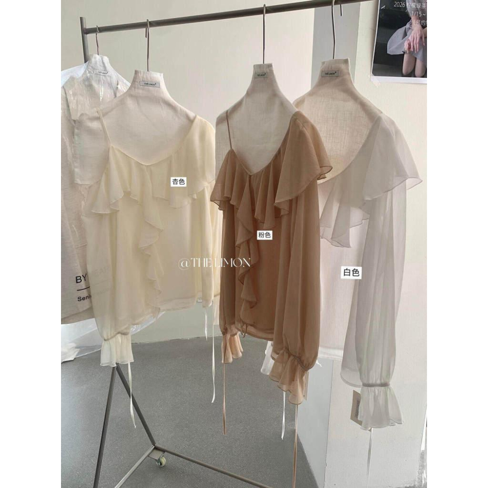 檸檬家 有點小特別～氣質溫柔荷葉邊露肩雪紡上衣小衫10172-細節圖5