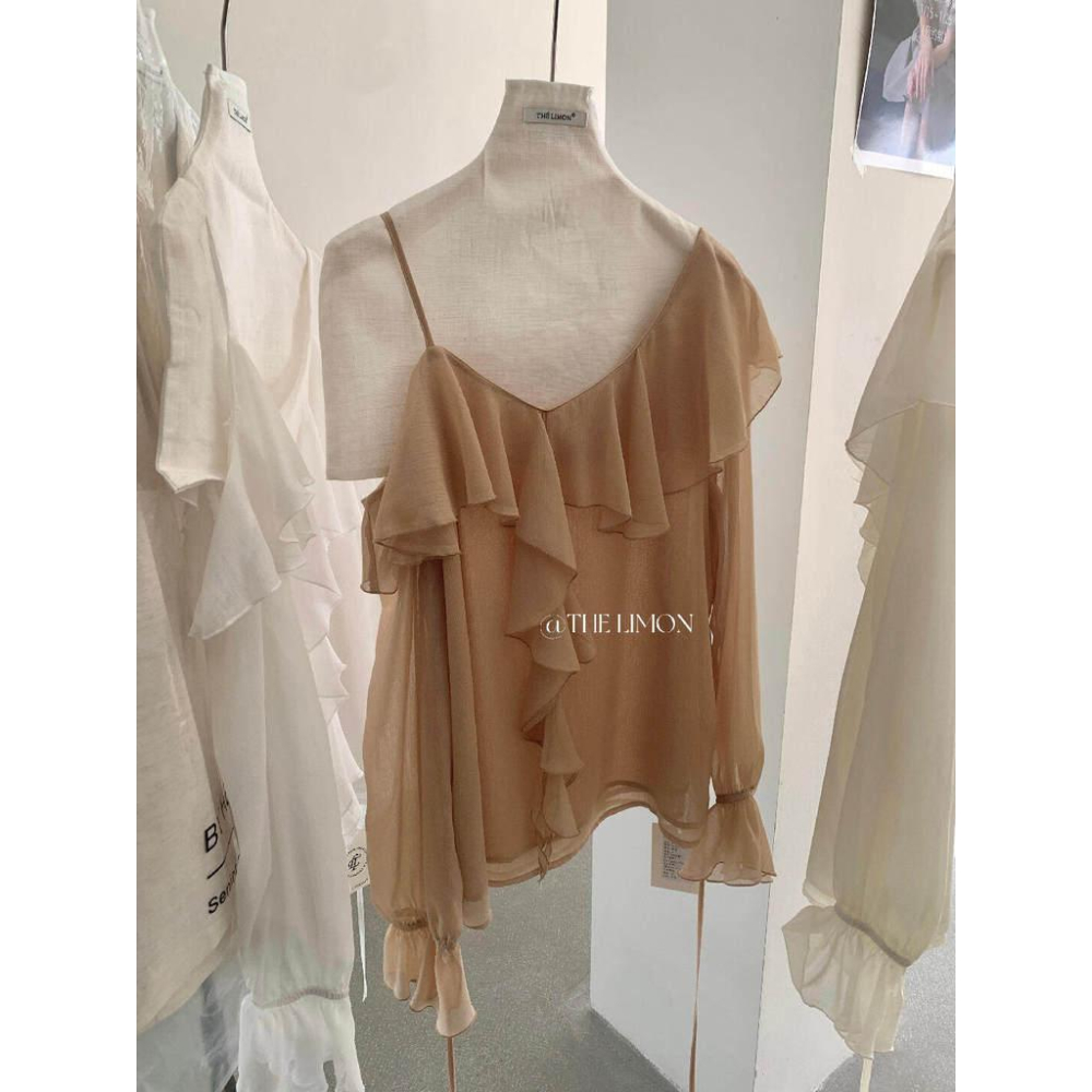 檸檬家 有點小特別～氣質溫柔荷葉邊露肩雪紡上衣小衫10172-細節圖9