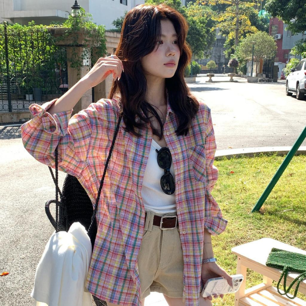 檸檬家 格紋集市～寬鬆復古休閒彩色格紋防曬襯衫10065-細節圖2