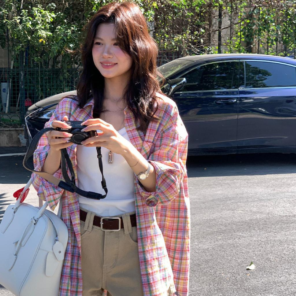 檸檬家 格紋集市～寬鬆復古休閒彩色格紋防曬襯衫10065-細節圖3