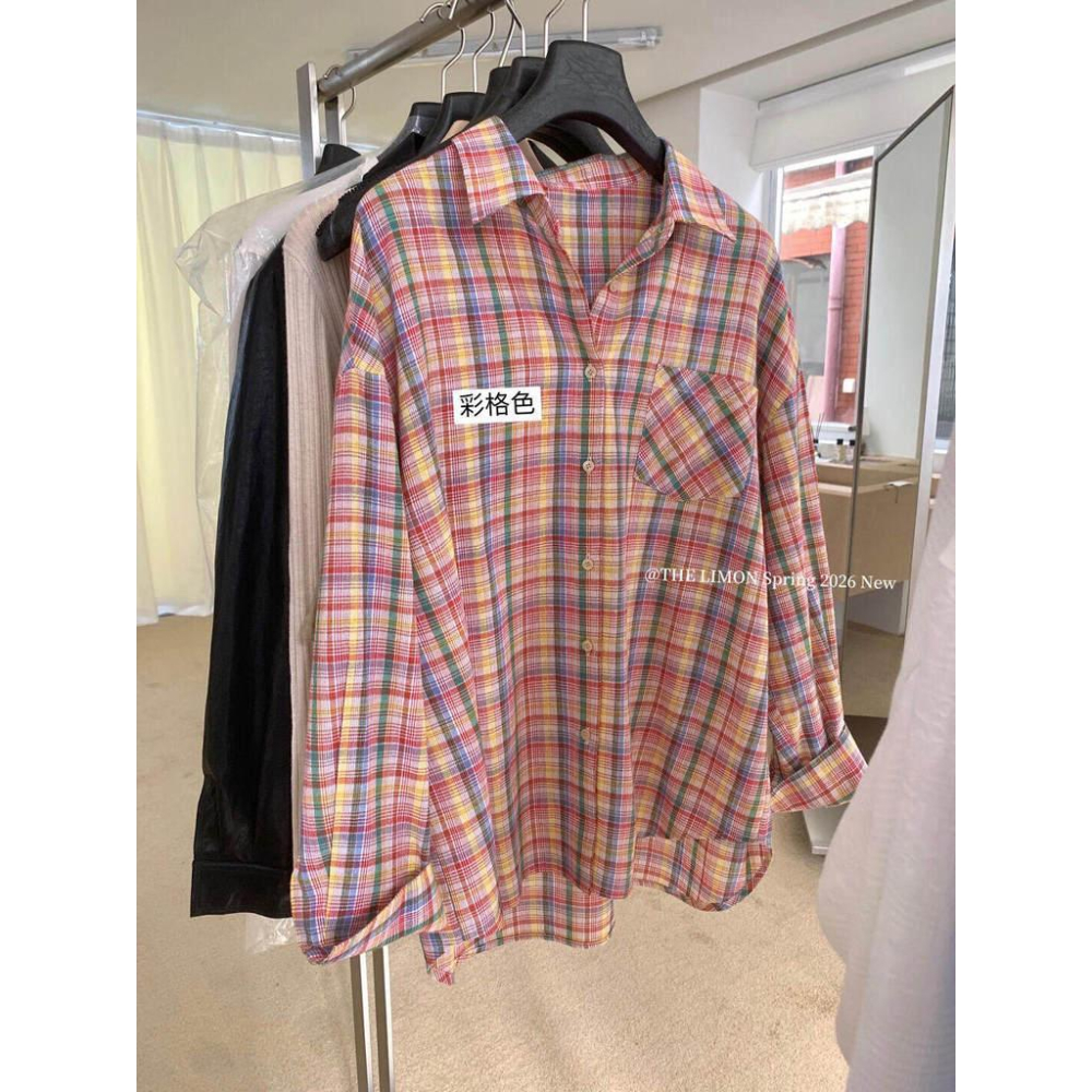檸檬家 格紋集市～寬鬆復古休閒彩色格紋防曬襯衫10065-細節圖5