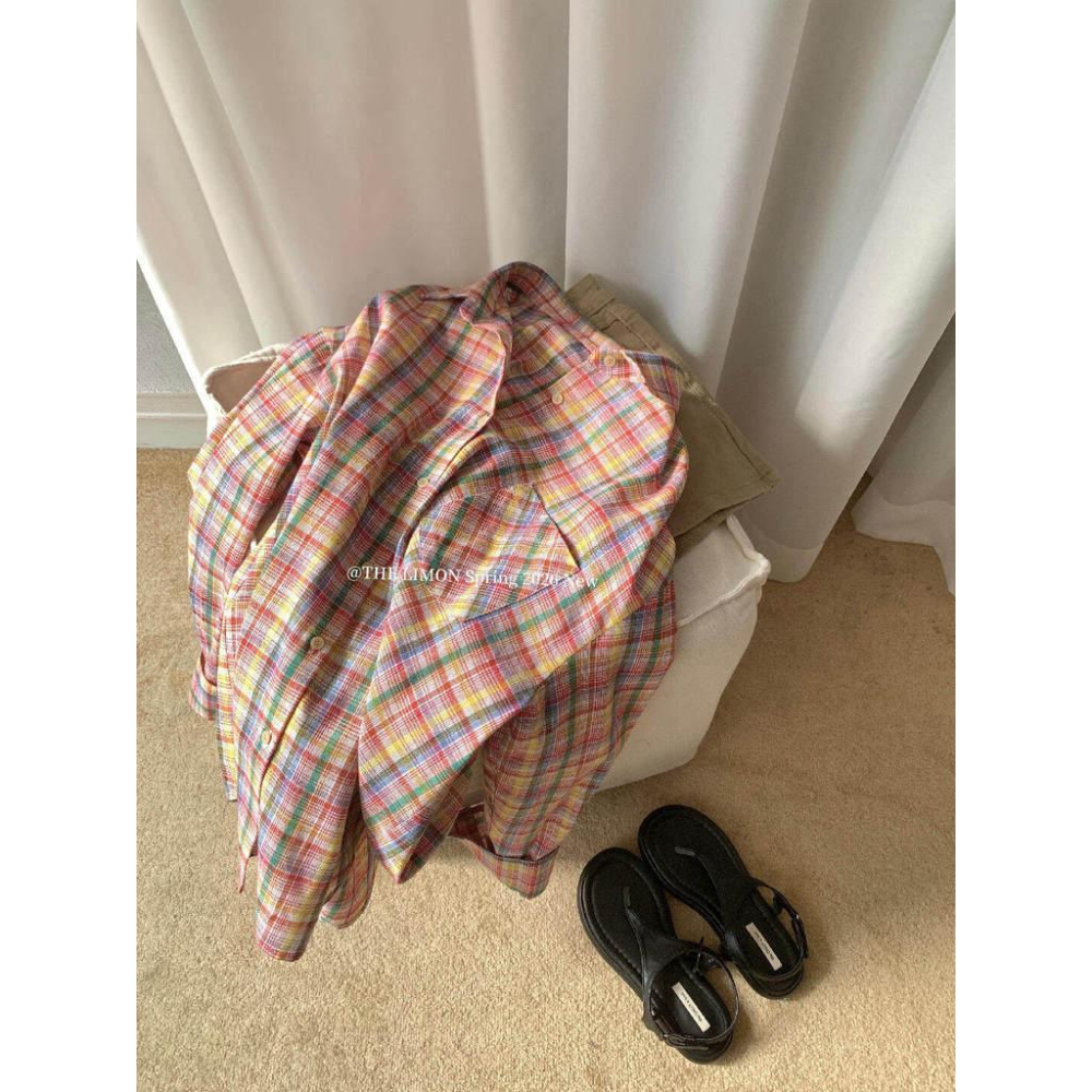 檸檬家 格紋集市～寬鬆復古休閒彩色格紋防曬襯衫10065-細節圖7