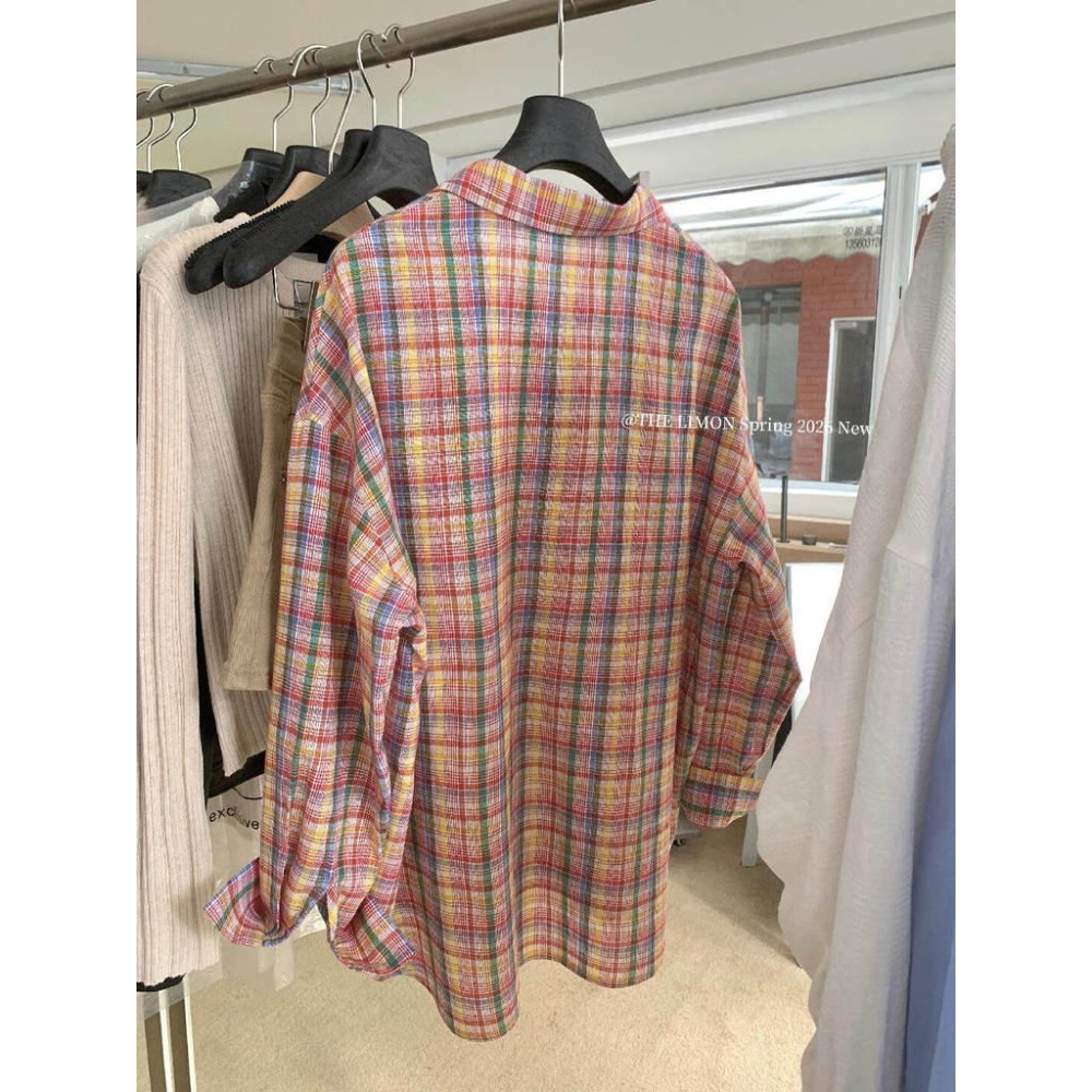 檸檬家 格紋集市～寬鬆復古休閒彩色格紋防曬襯衫10065-細節圖8
