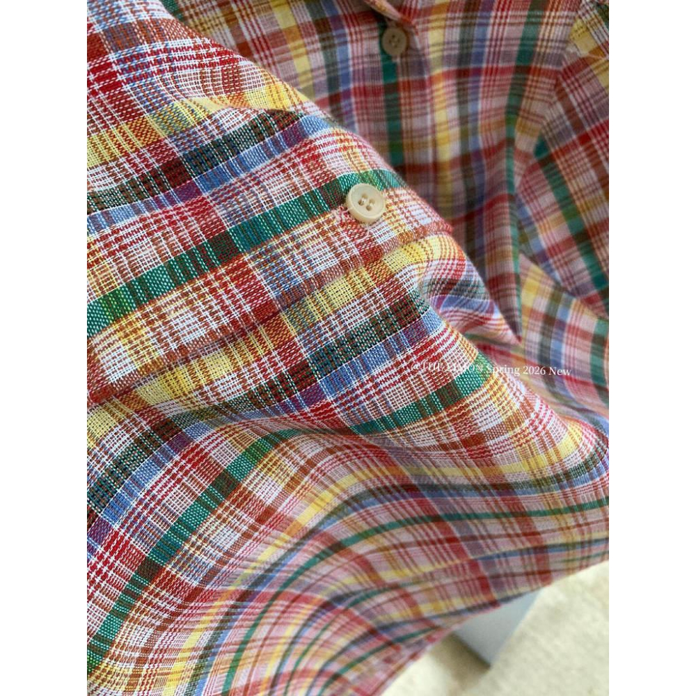 檸檬家 格紋集市～寬鬆復古休閒彩色格紋防曬襯衫10065-細節圖9