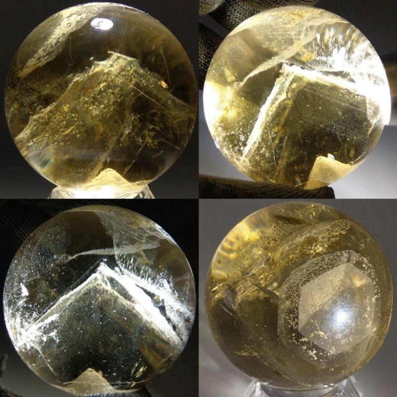 黃水晶球 白幽靈隱山 千層白幽金字塔山 微帶藍針 千層色帶塔山 晶中晶 清透帶彩虹光 微達碧茲 白幽靈球（6）-細節圖5