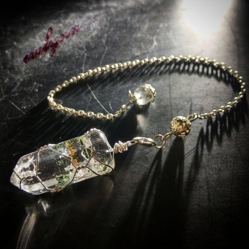 綠幽靈靈擺 綠幽靈吊墜 墜飾 部份帶髮晶 綠隱山 銅絲線包框-細節圖5